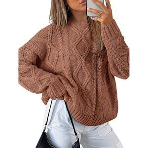 Women's Coffee Imported Pull On Oversized Cable Knit Crew Neck Sweaters
